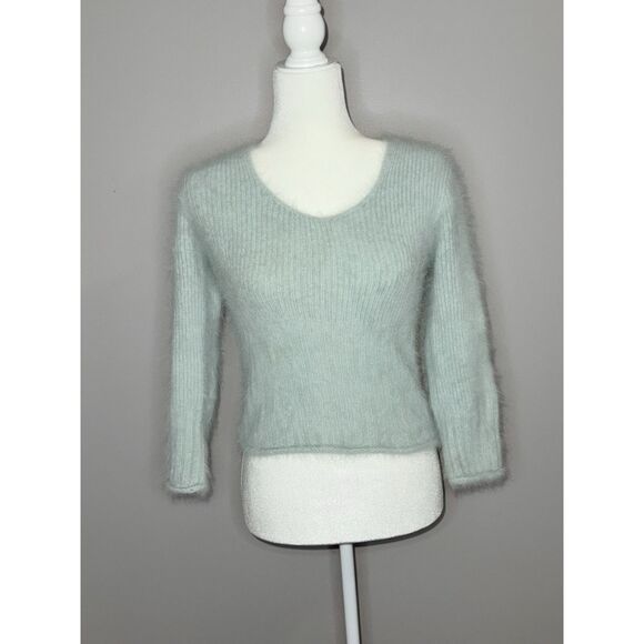 Vtg Express Angora Rabbit Hair Sweater V Neck Y2K Crop Fairy Fuzzy Soft Mint Med - Picture 2 of 13